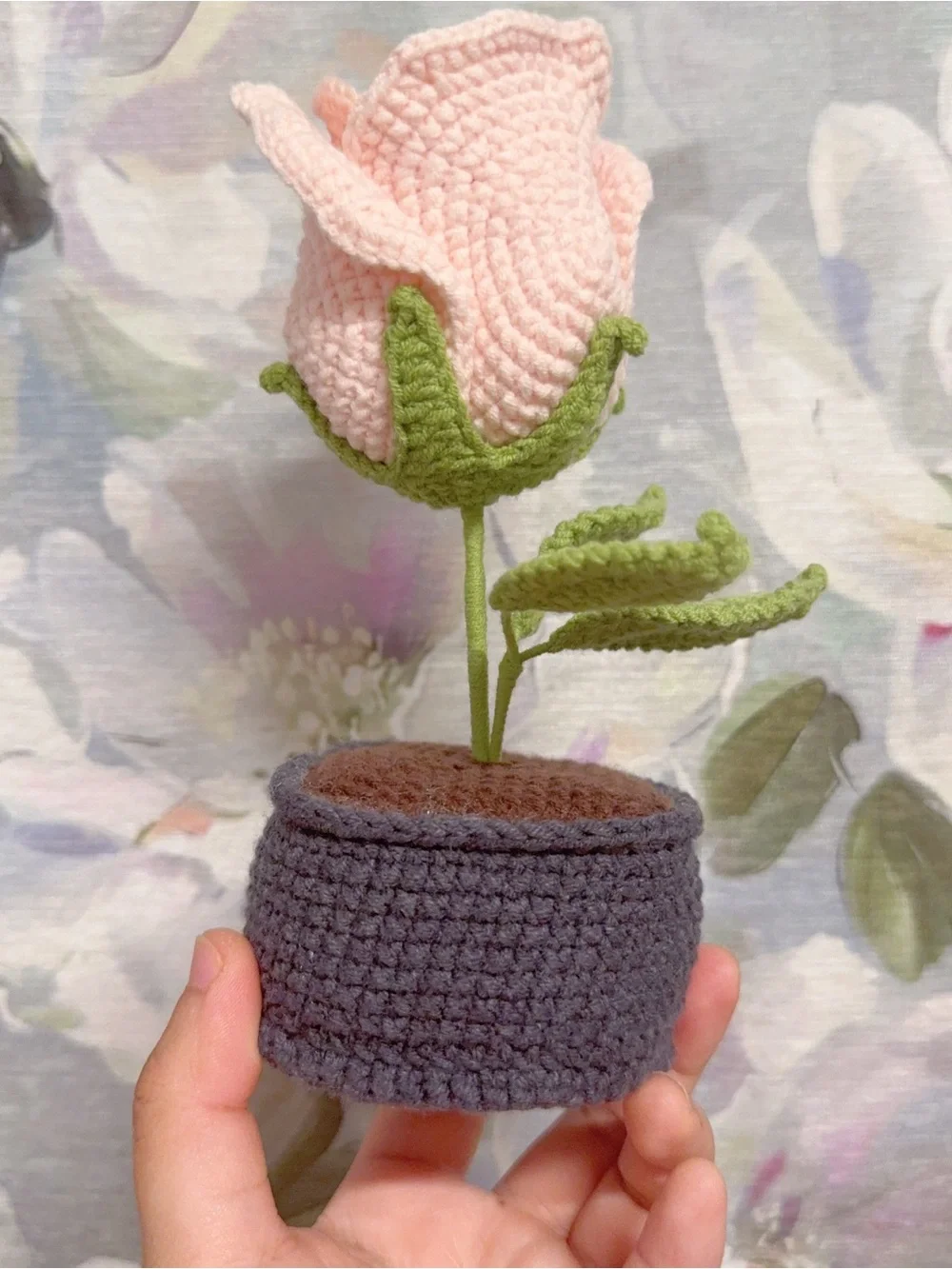 Handmade Pink Crochet Rose in Gray Pot - Home Accents